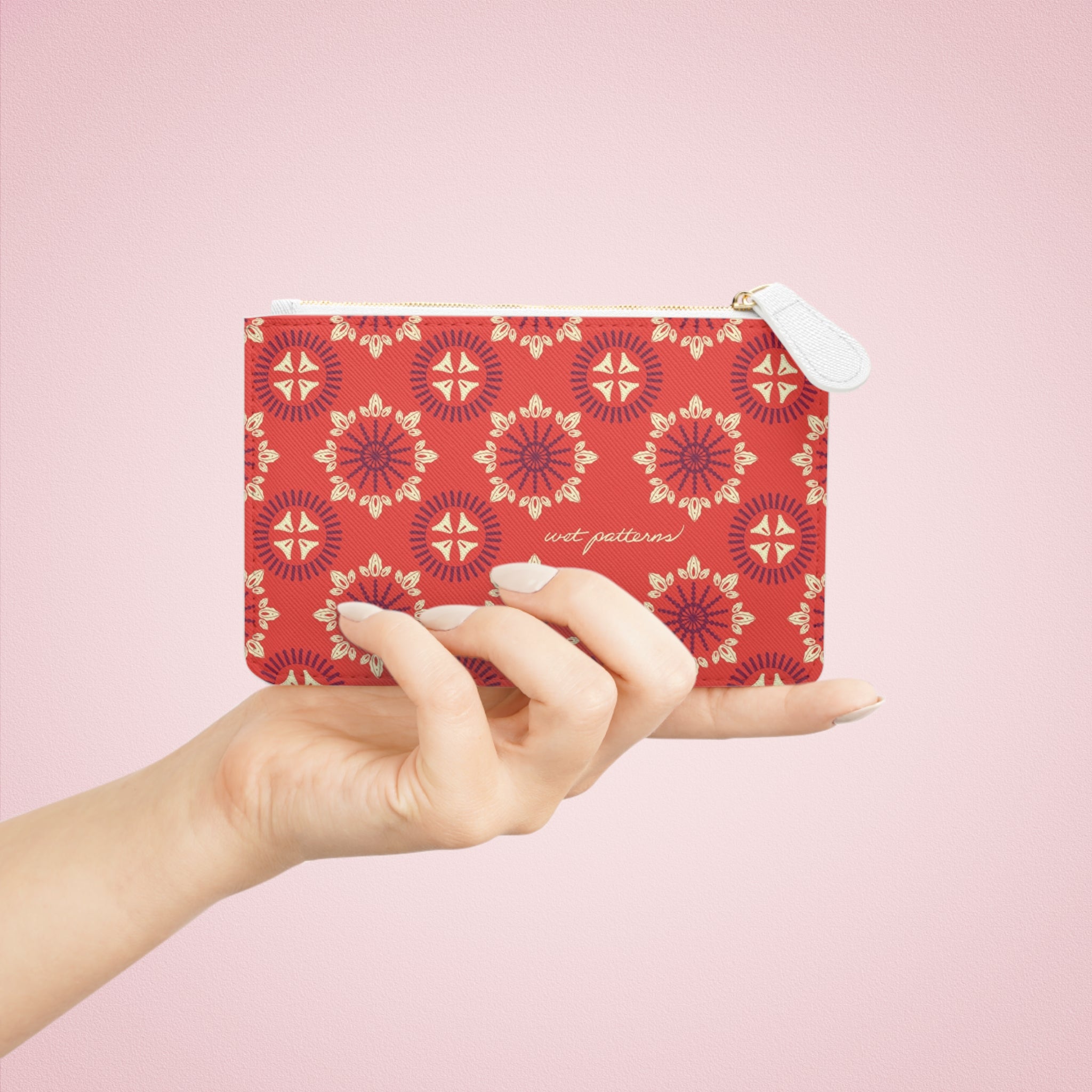 Red Floral Medallion Mini Clutch — Patterned Wrist Pouch